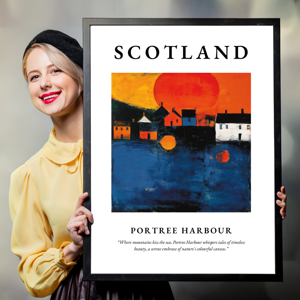 Person holding a poster of Portree Harbour