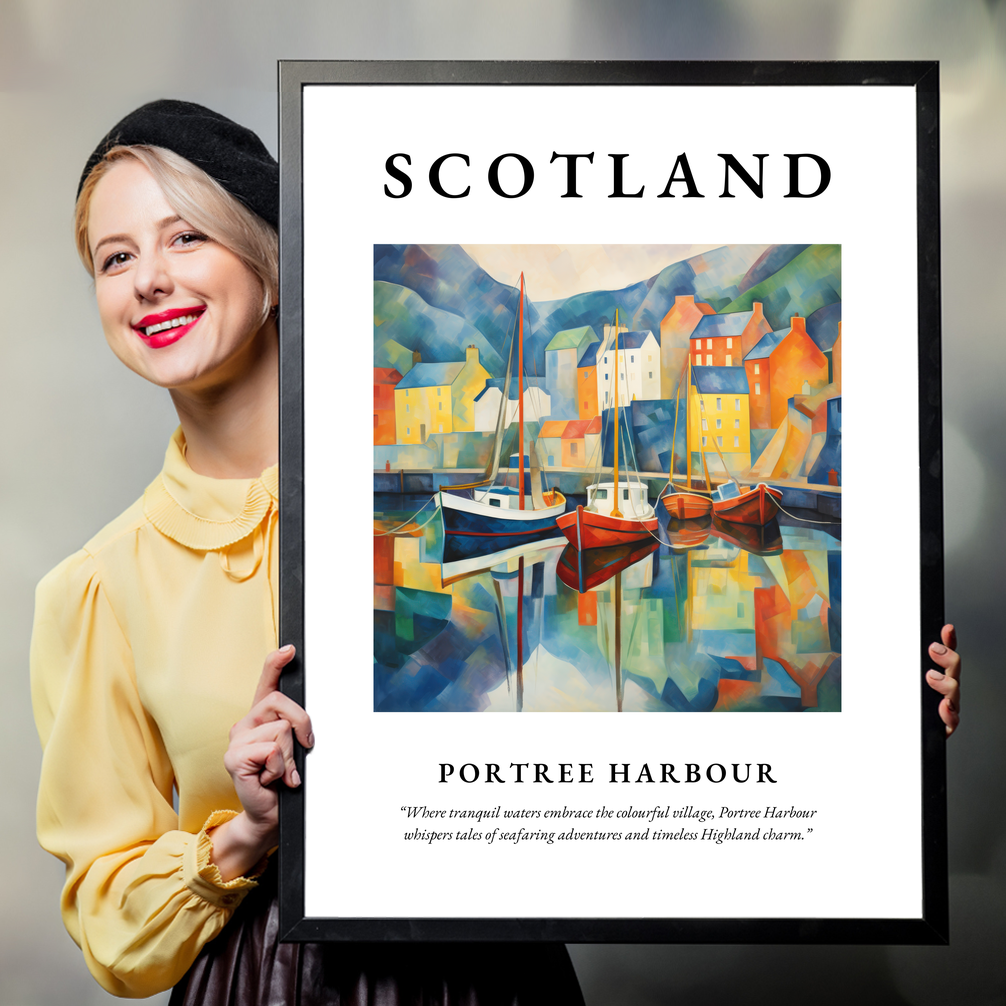 Person holding a poster of Portree Harbour