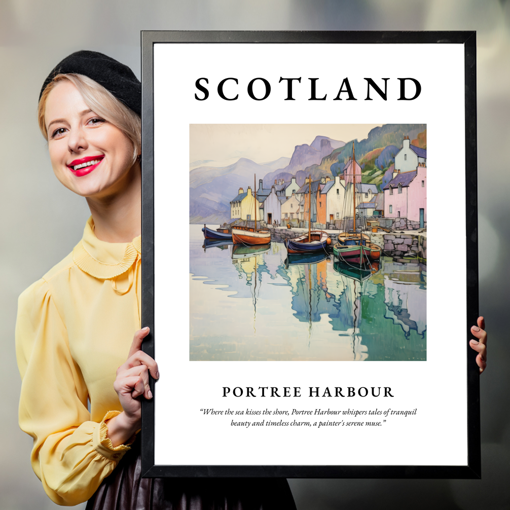 Person holding a poster of Portree Harbour