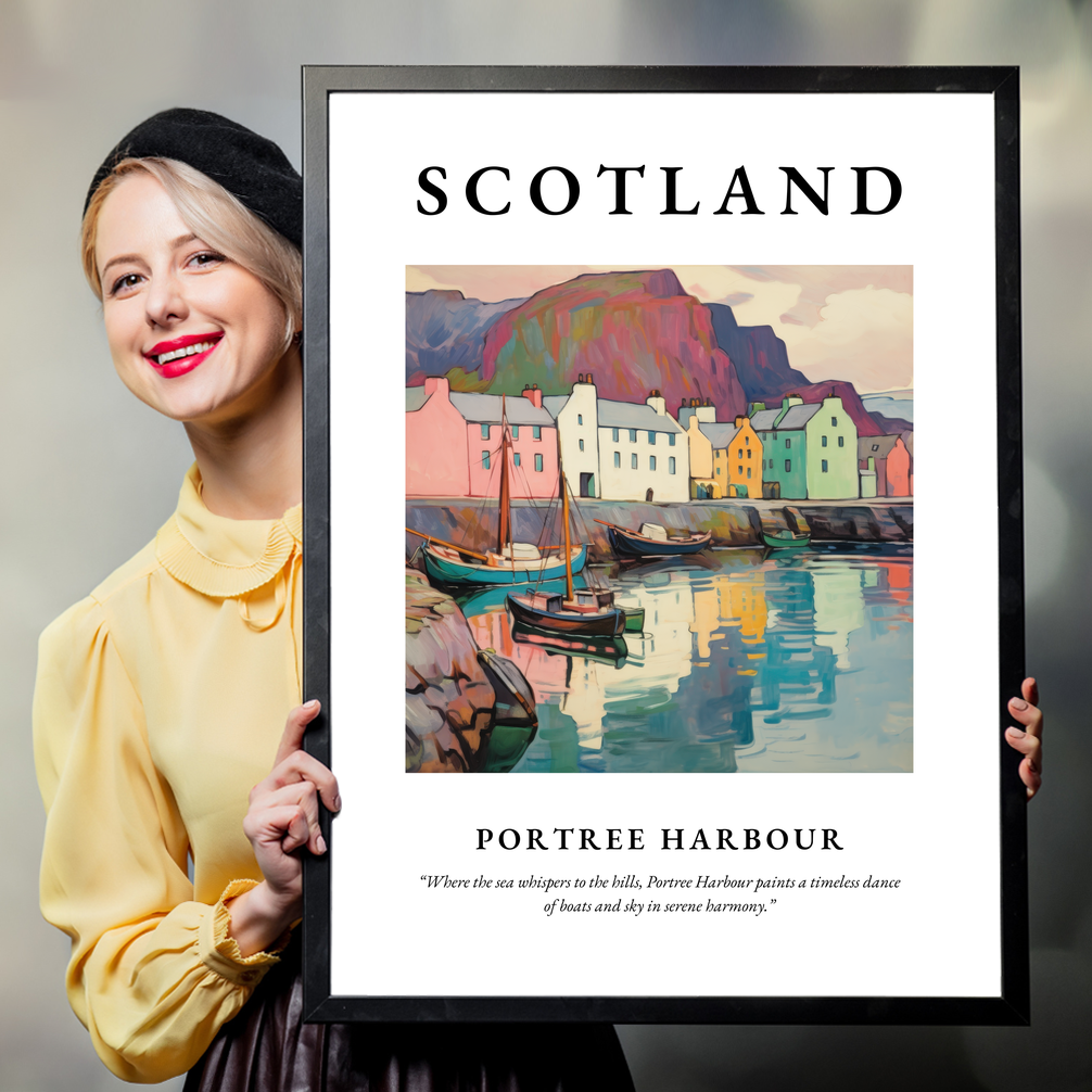 Person holding a poster of Portree Harbour