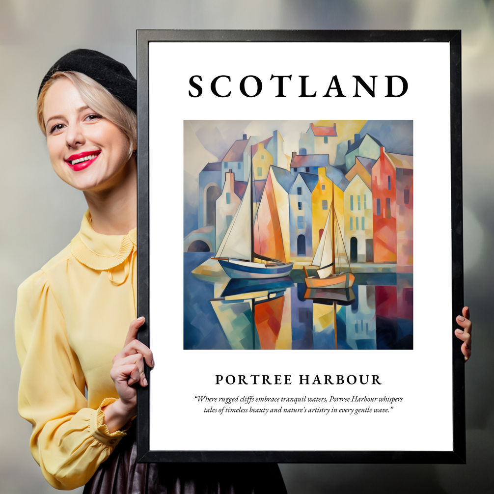 Person holding a poster of Portree Harbour