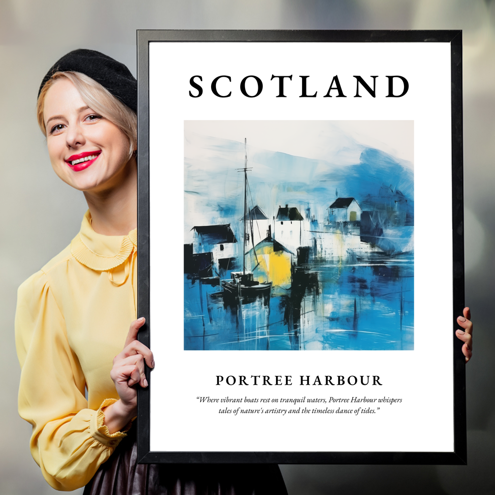 Person holding a poster of Portree Harbour