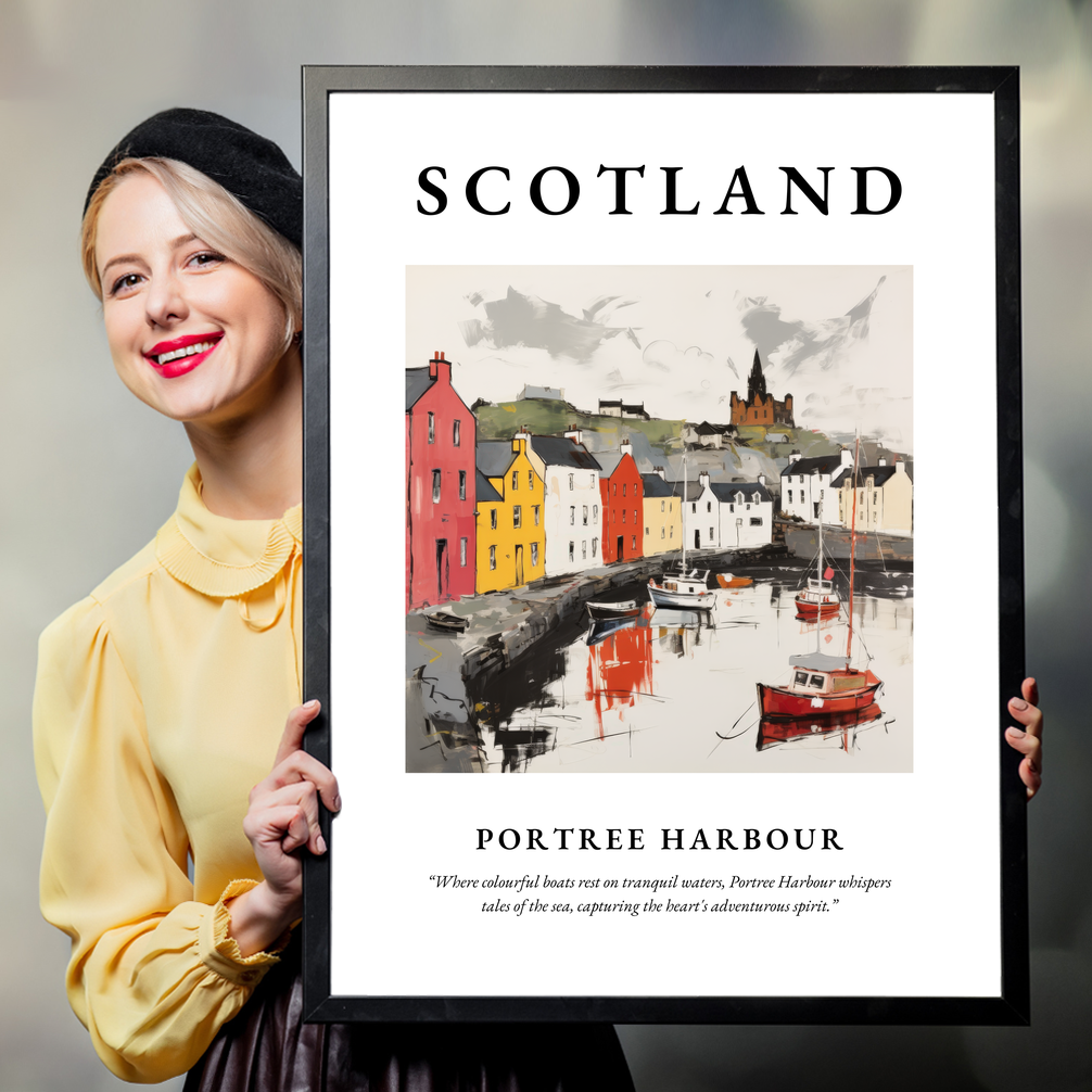 Person holding a poster of Portree Harbour