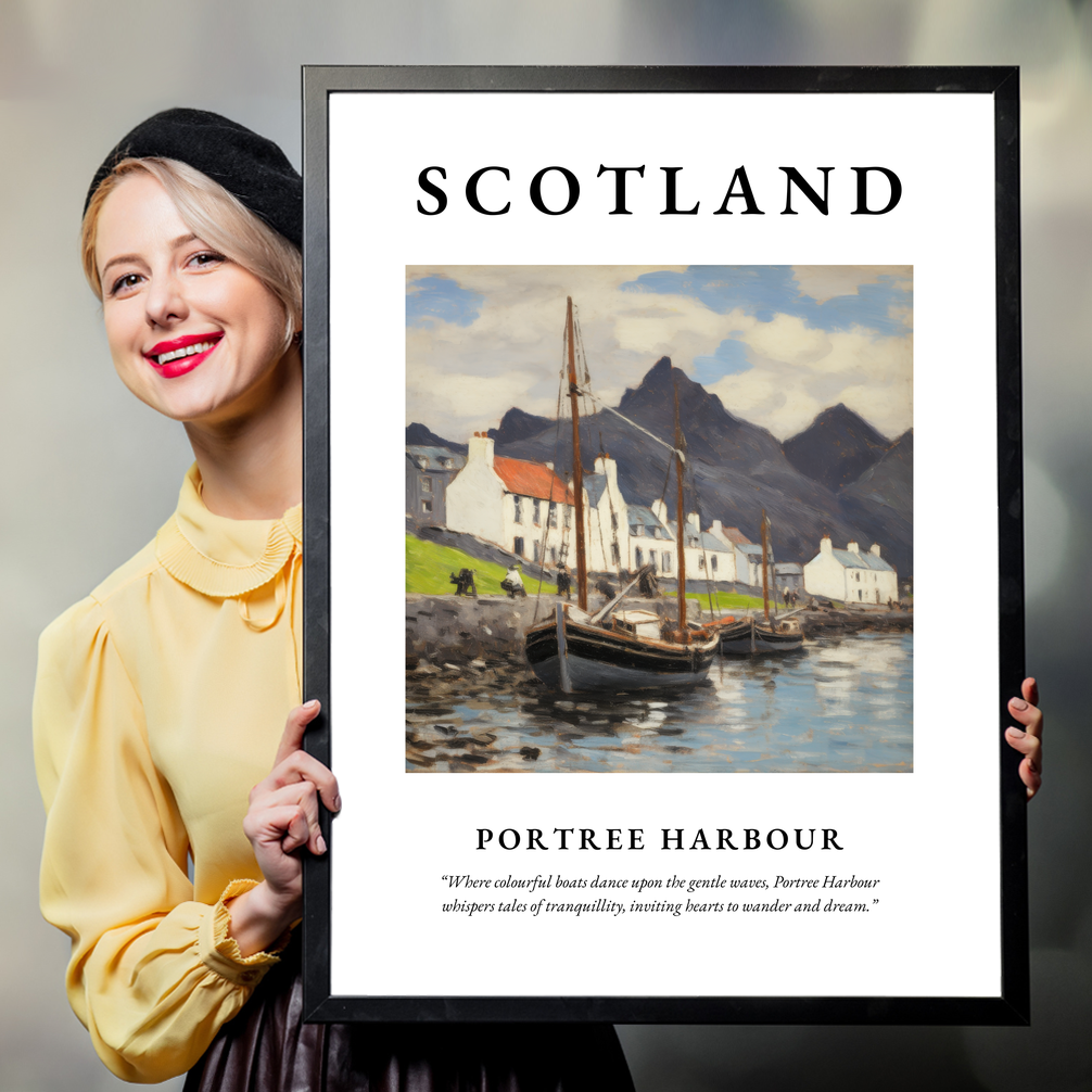 Person holding a poster of Portree Harbour