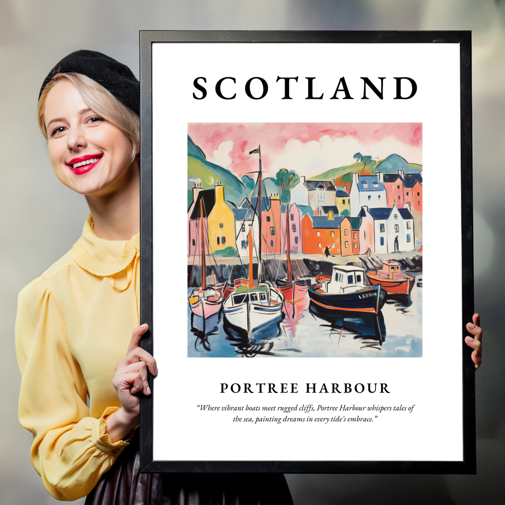 Person holding a poster of Portree Harbour