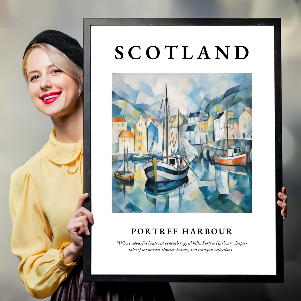 Person holding a poster of Portree Harbour