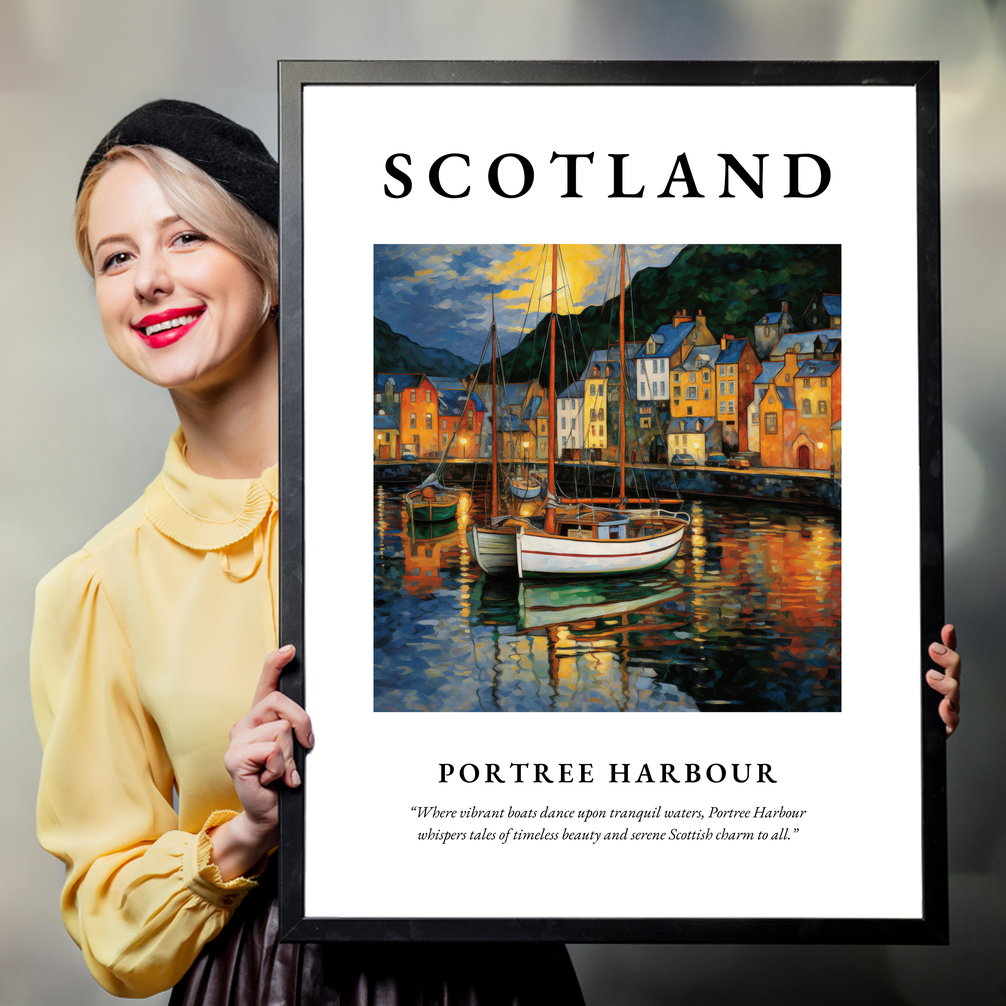 Person holding a poster of Portree Harbour