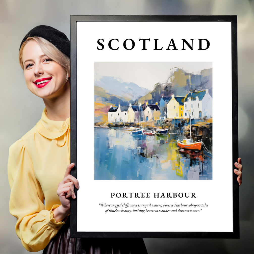 Person holding a poster of Portree Harbour