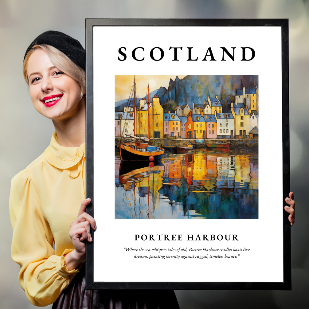 Person holding a poster of Portree Harbour