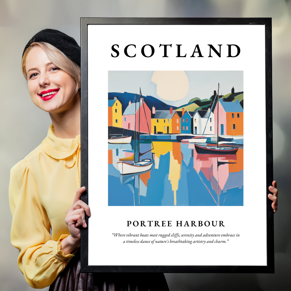 Person holding a poster of Portree Harbour