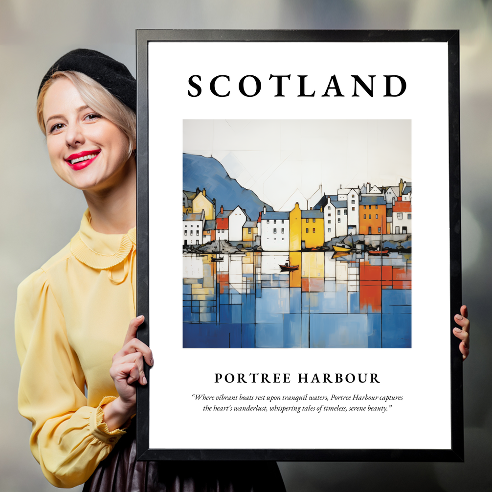 Person holding a poster of Portree Harbour