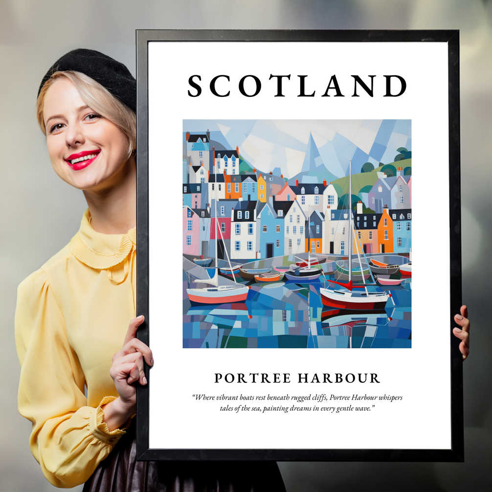 Person holding a poster of Portree Harbour