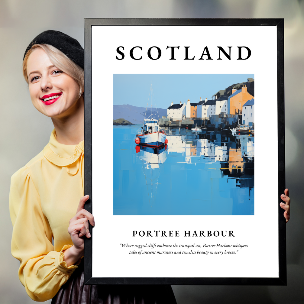 Person holding a poster of Portree Harbour