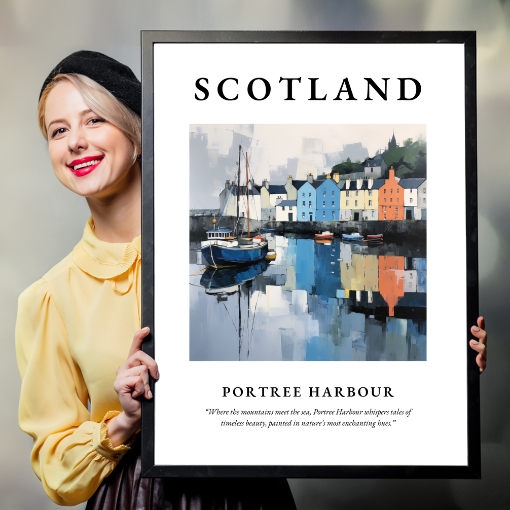 Person holding a poster of Portree Harbour