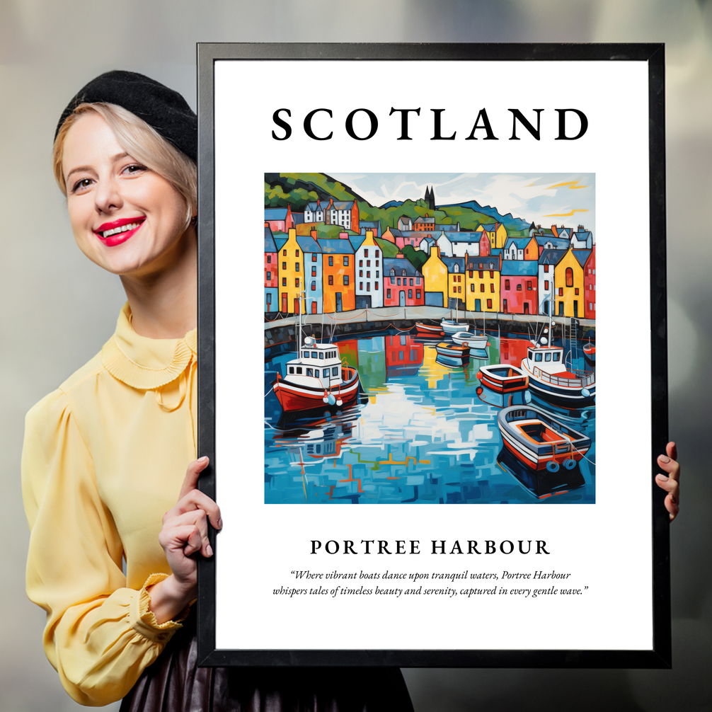 Person holding a poster of Portree Harbour