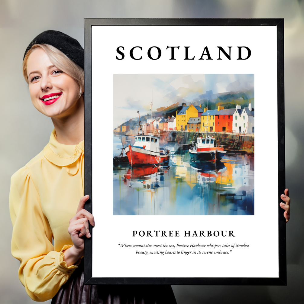 Person holding a poster of Portree Harbour