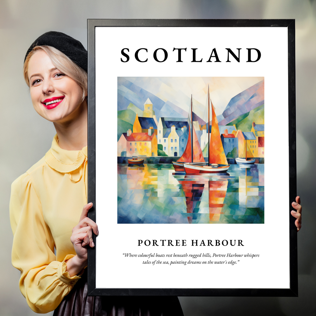 Person holding a poster of Portree Harbour