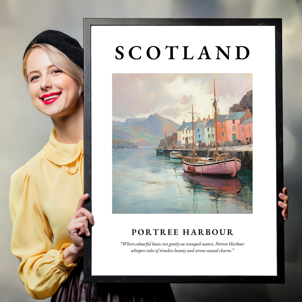 Person holding a poster of Portree Harbour