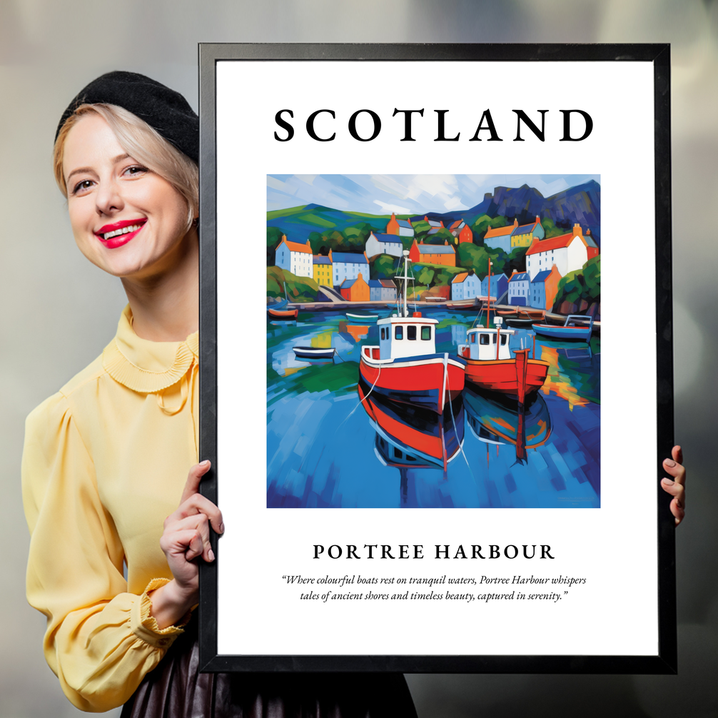 Person holding a poster of Portree Harbour