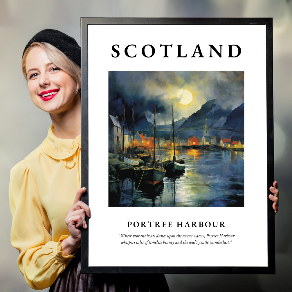 Person holding a poster of Portree Harbour