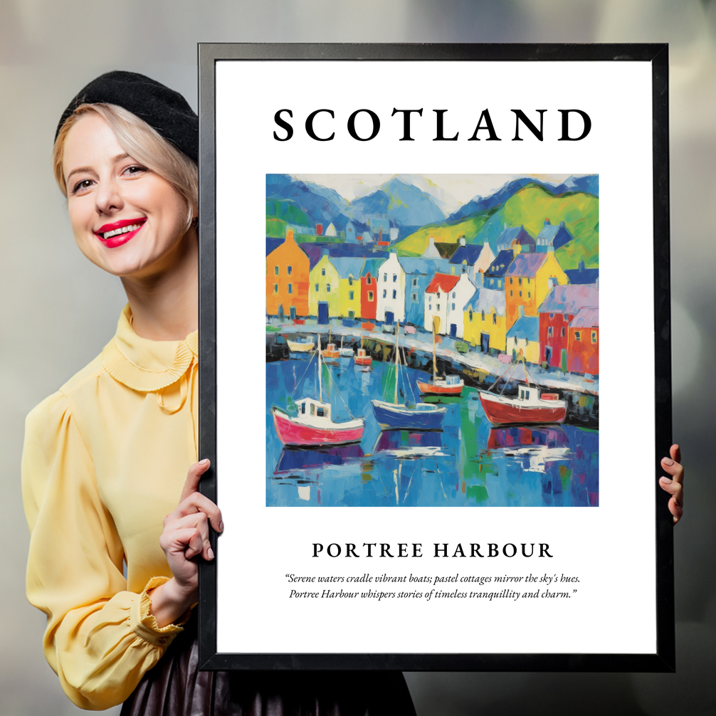 Person holding a poster of Portree Harbour