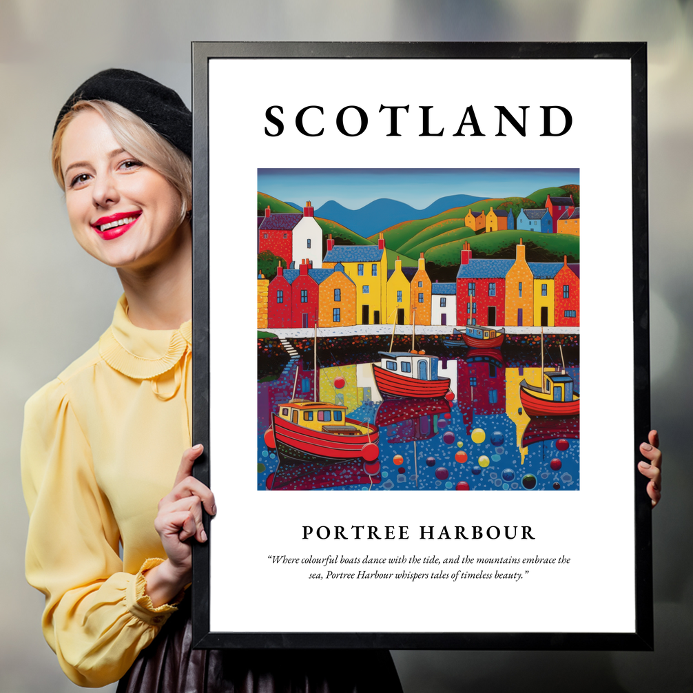 Person holding a poster of Portree Harbour