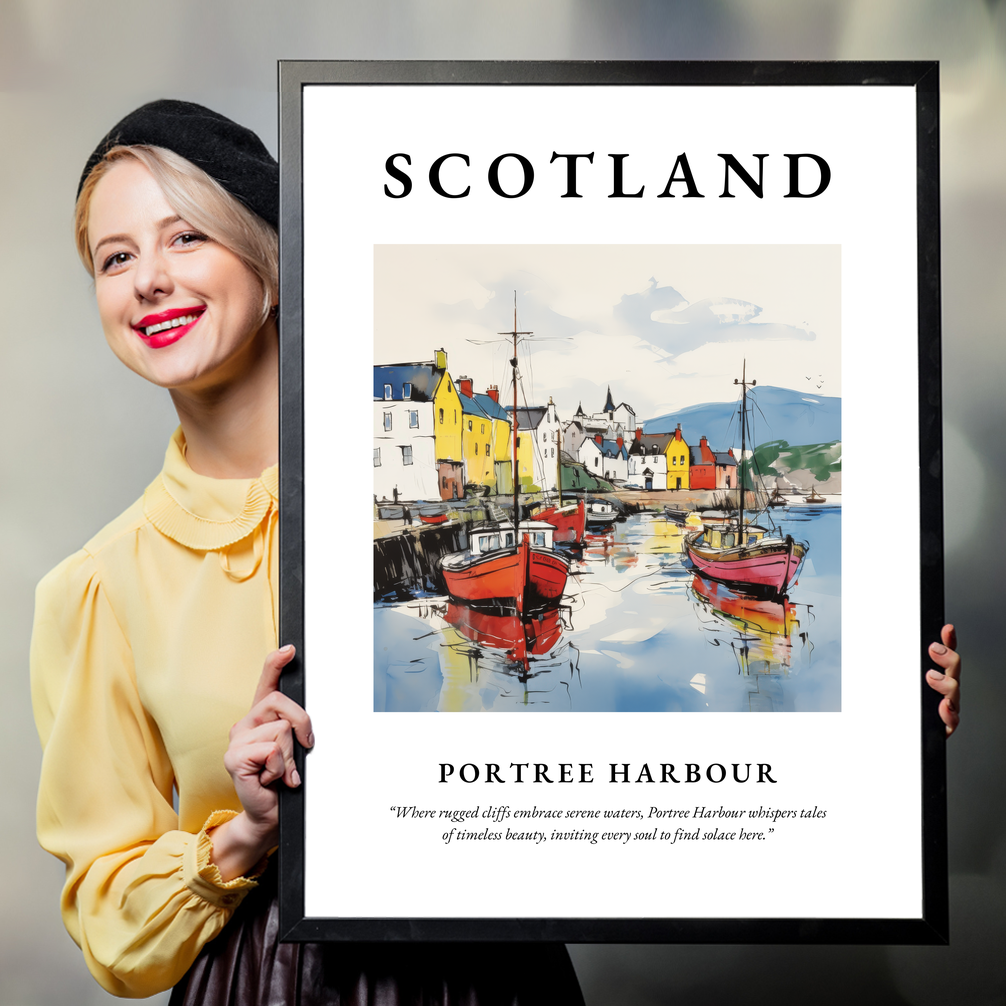 Person holding a poster of Portree Harbour