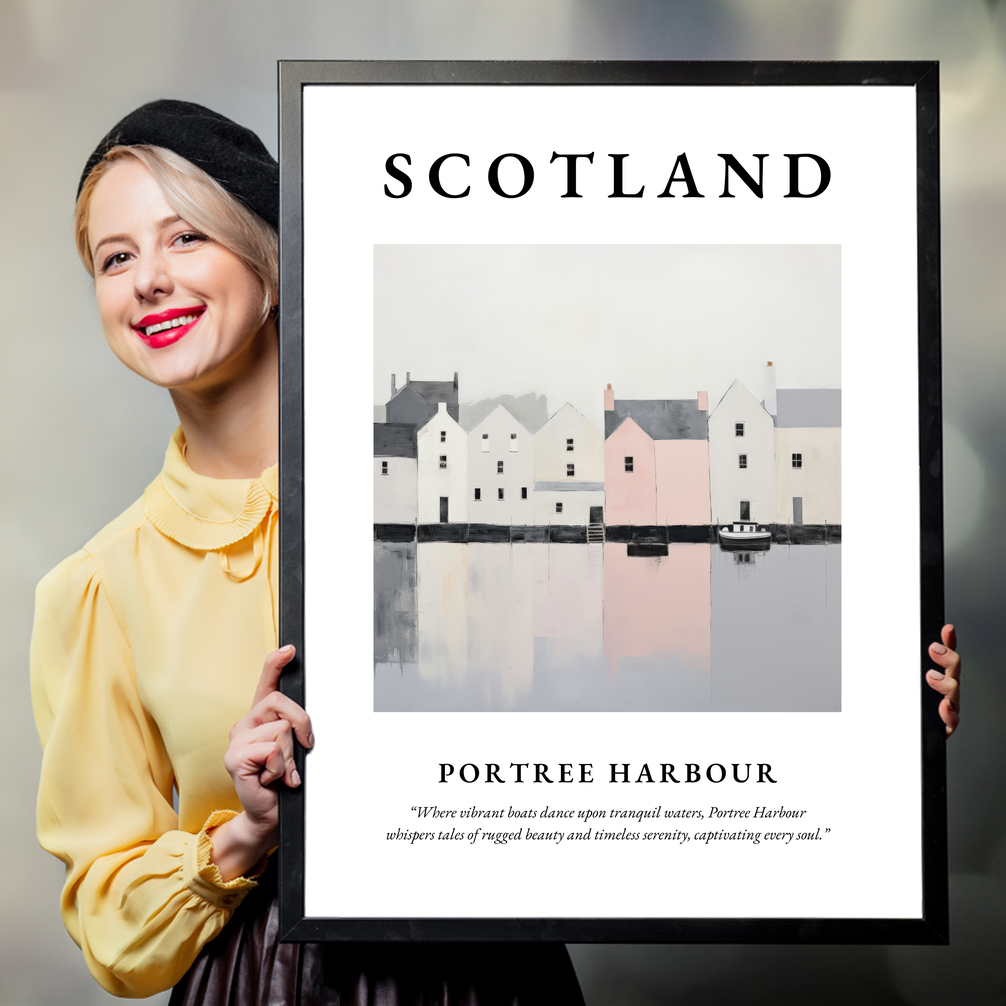 Person holding a poster of Portree Harbour