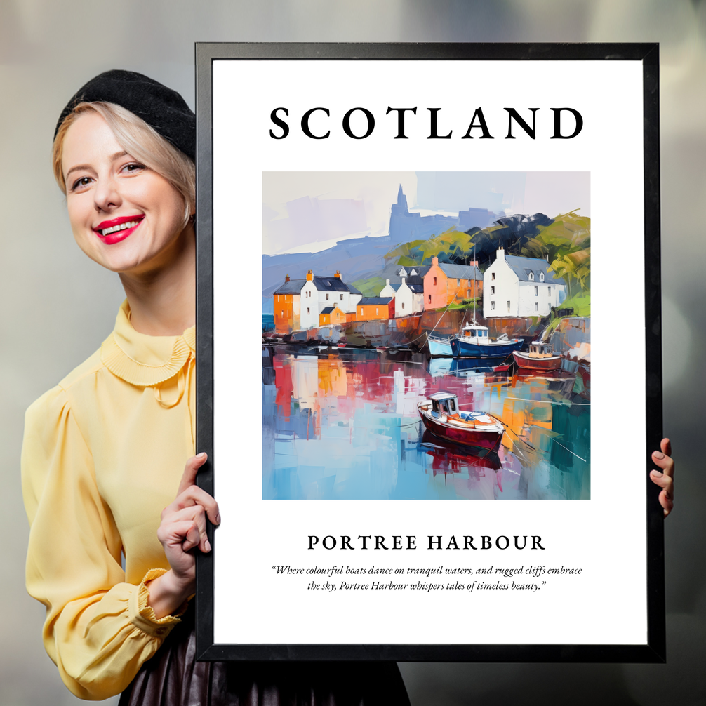 Person holding a poster of Portree Harbour