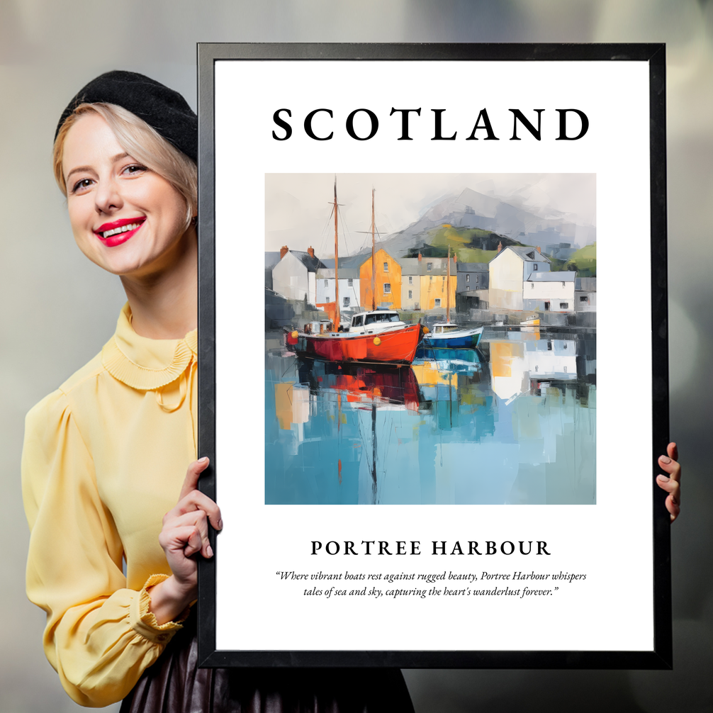 Person holding a poster of Portree Harbour