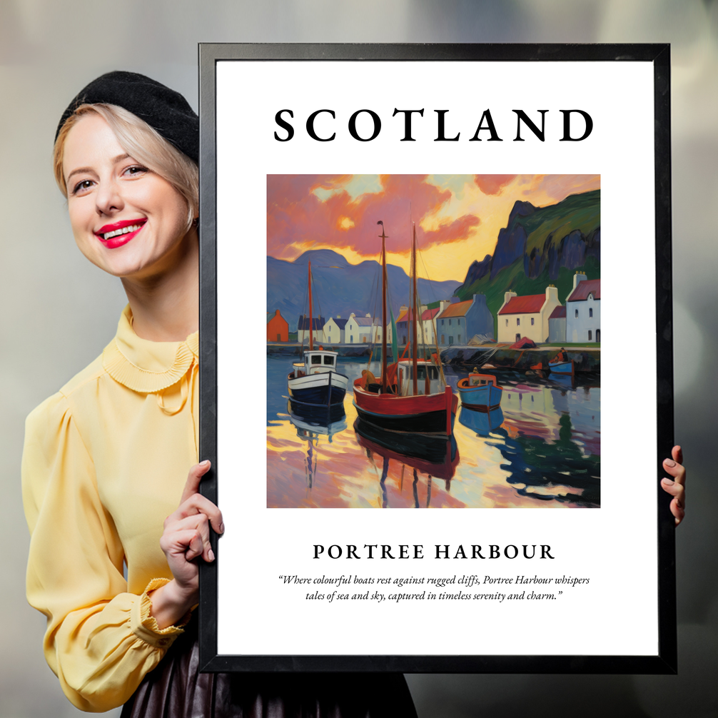 Person holding a poster of Portree Harbour