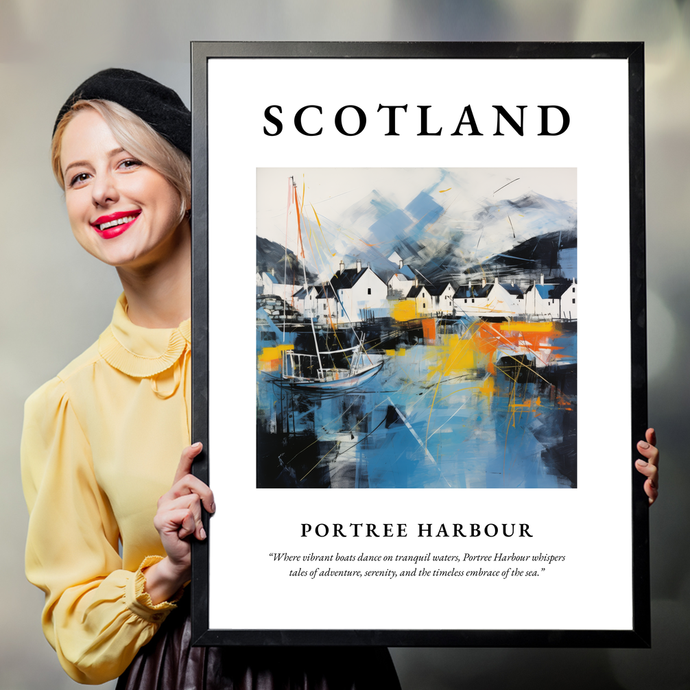 Person holding a poster of Portree Harbour