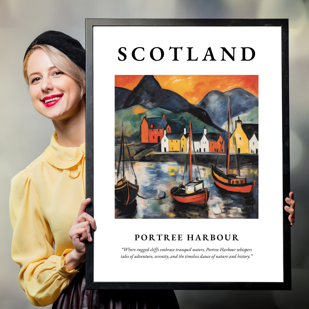 Person holding a poster of Portree Harbour