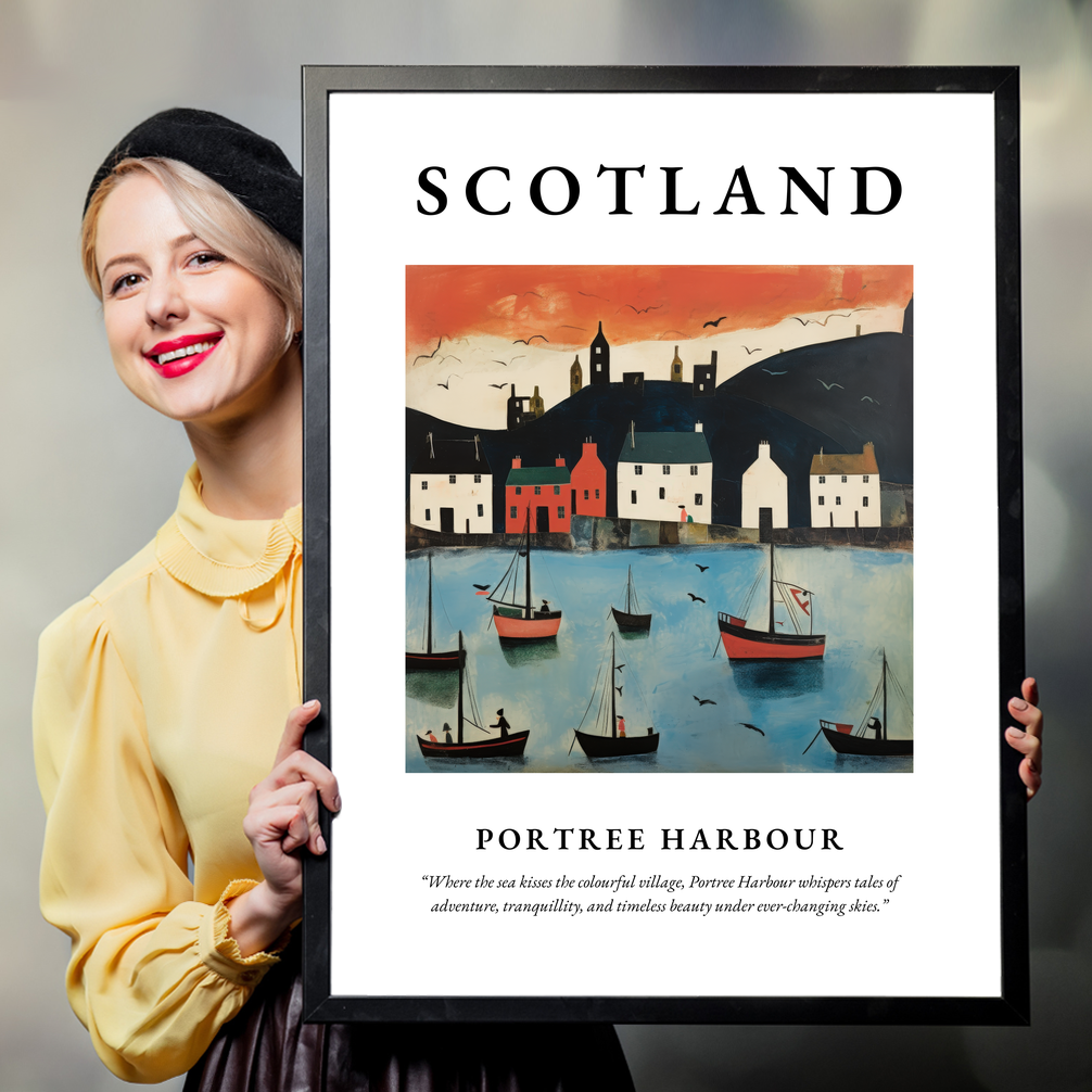 Person holding a poster of Portree Harbour