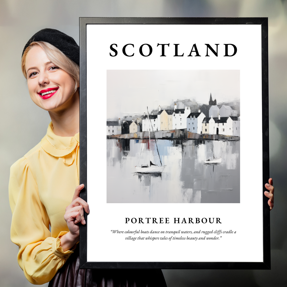 Person holding a poster of Portree Harbour