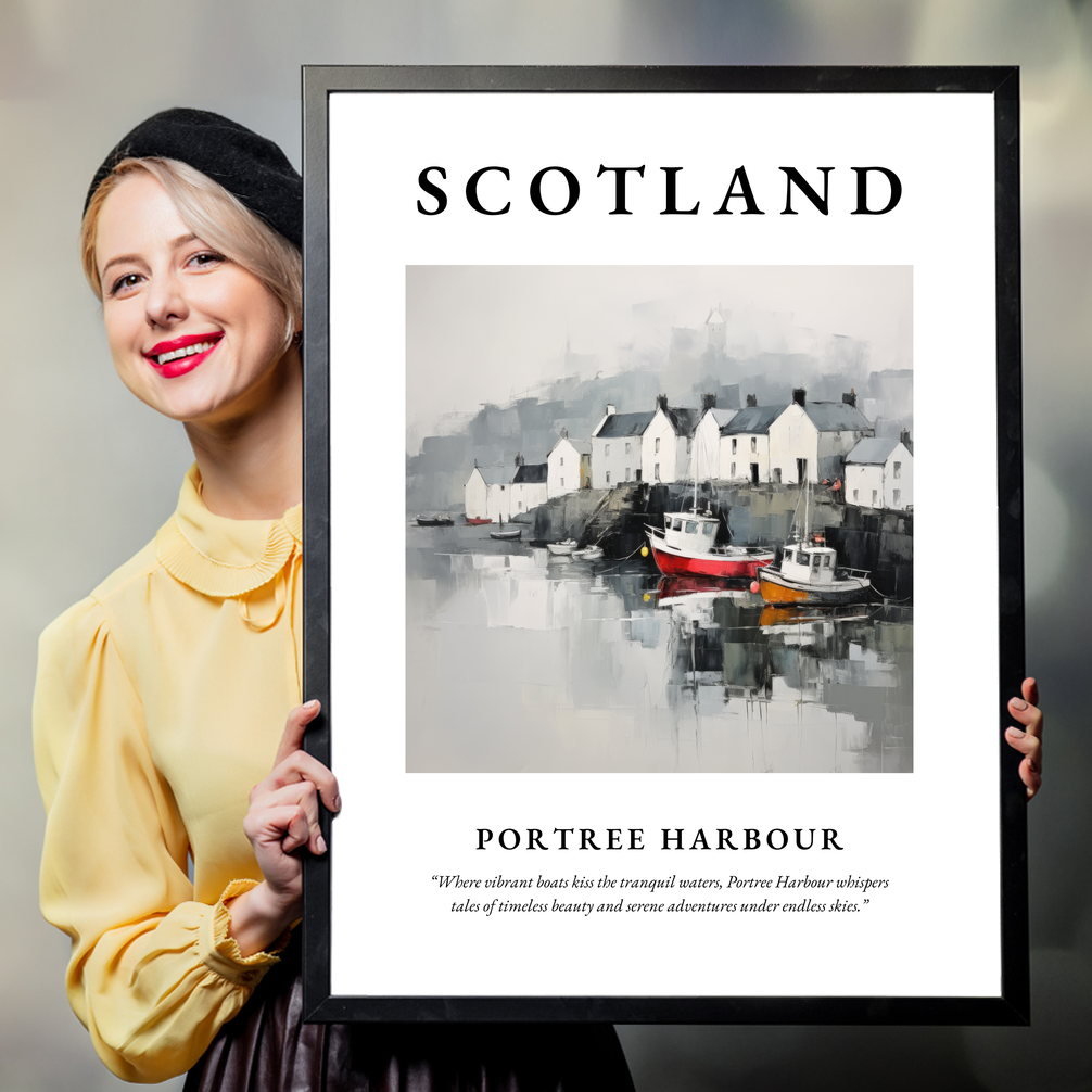 Person holding a poster of Portree Harbour