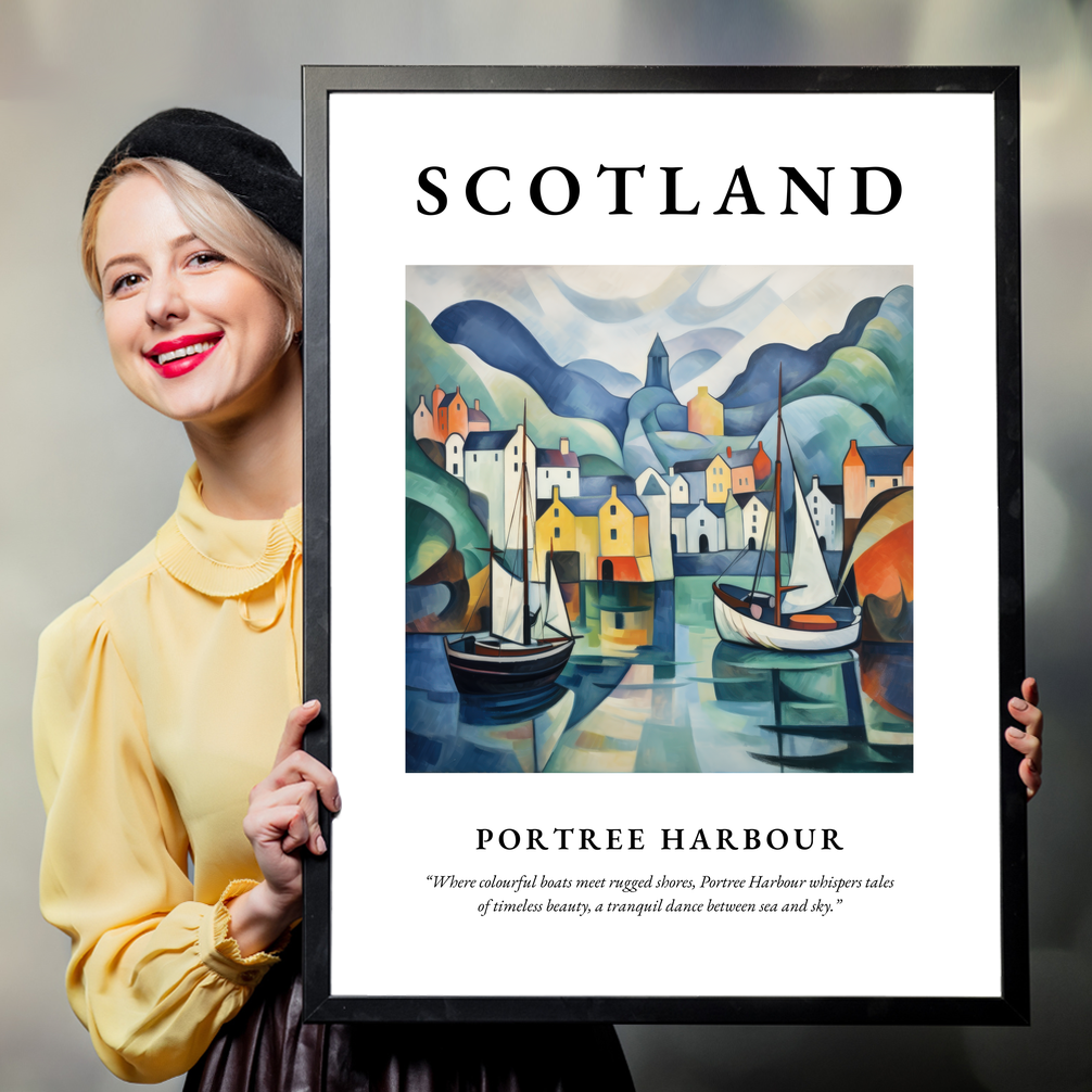 Person holding a poster of Portree Harbour