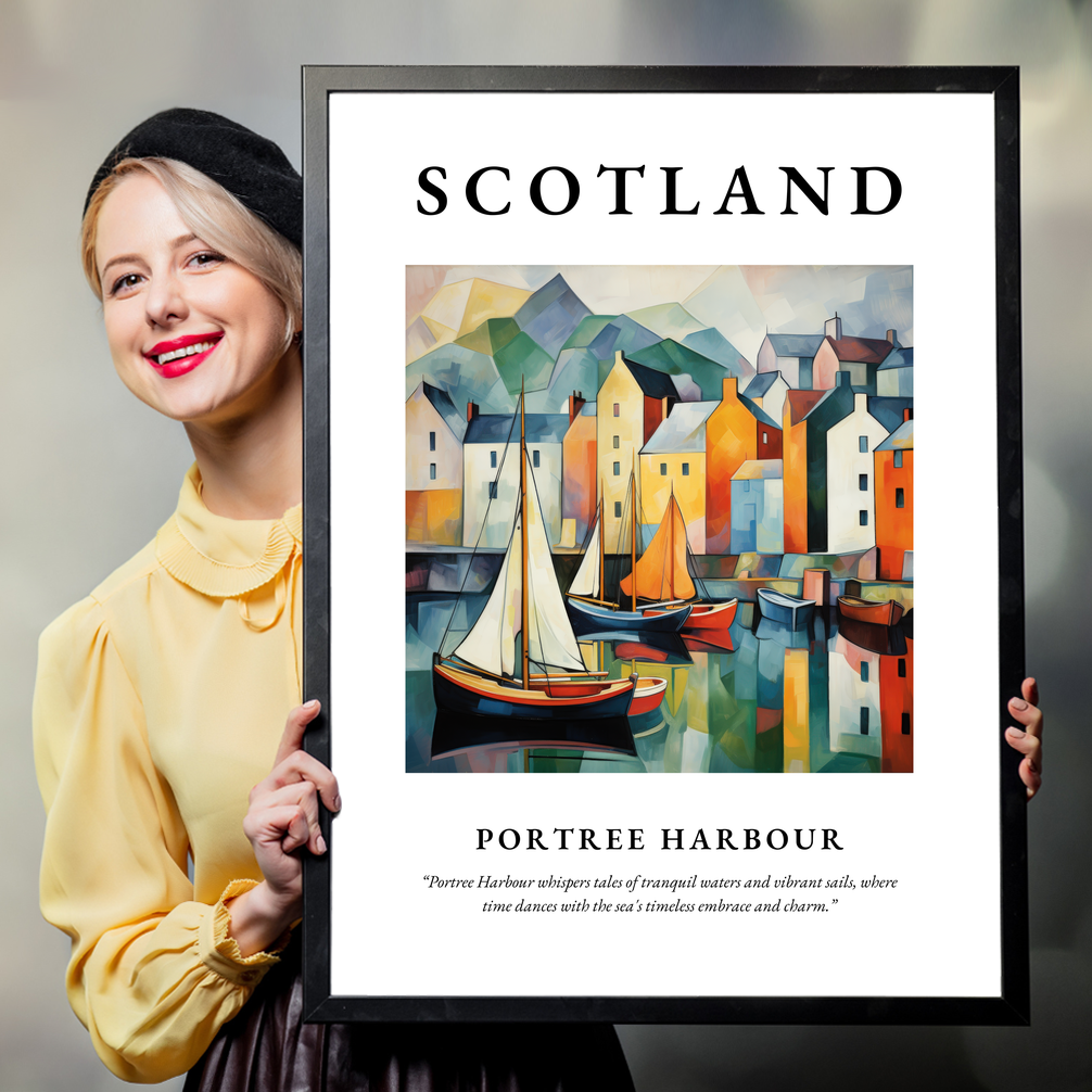 Person holding a poster of Portree Harbour