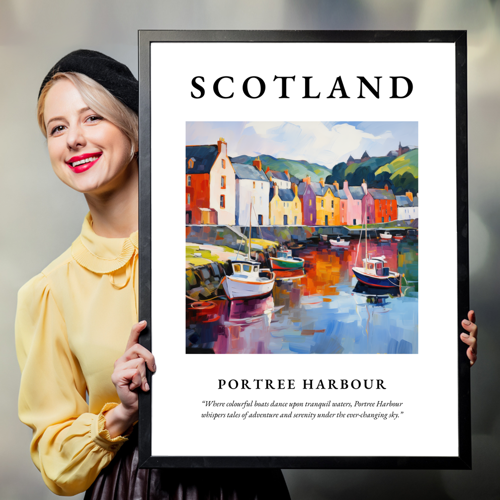 Person holding a poster of Portree Harbour