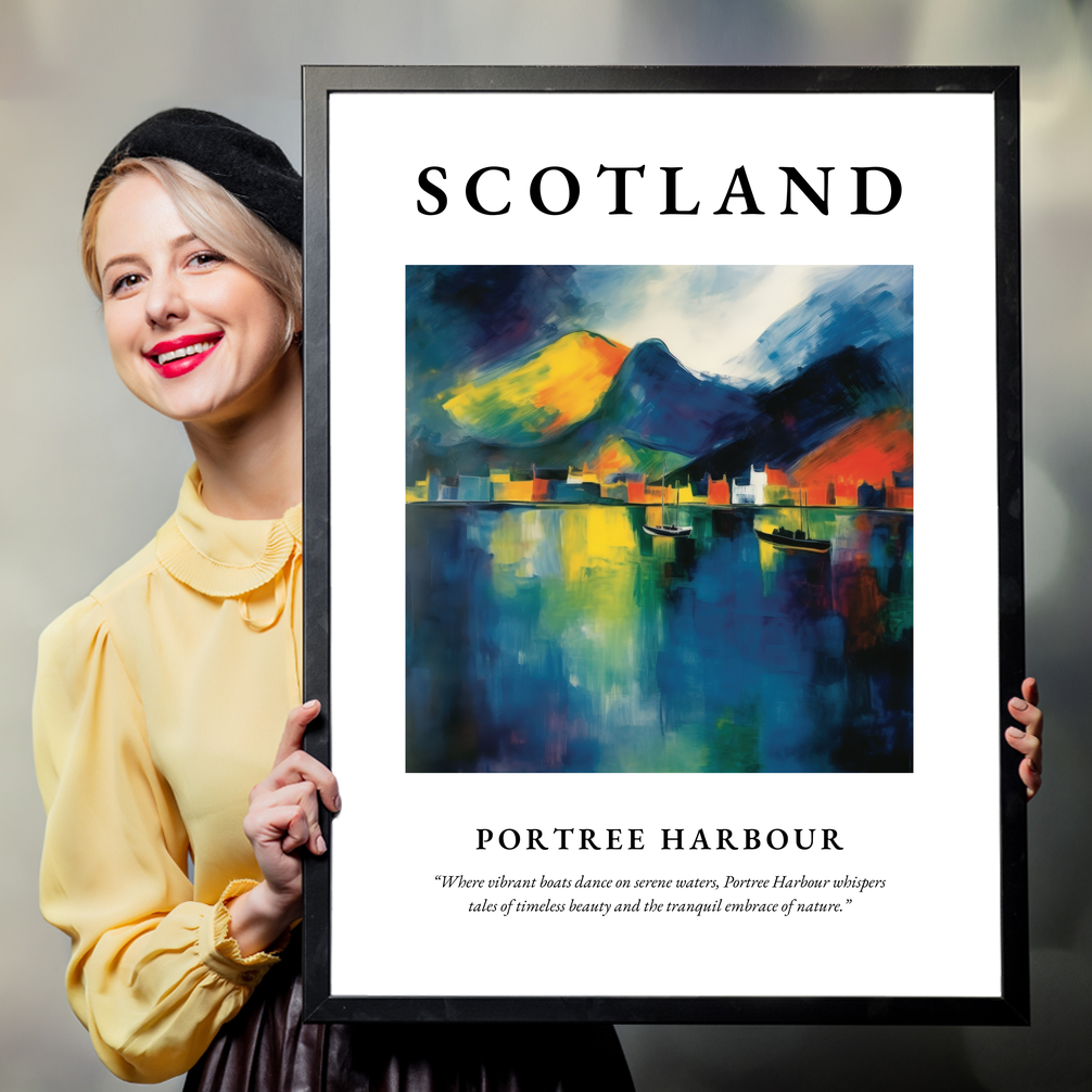 Person holding a poster of Portree Harbour