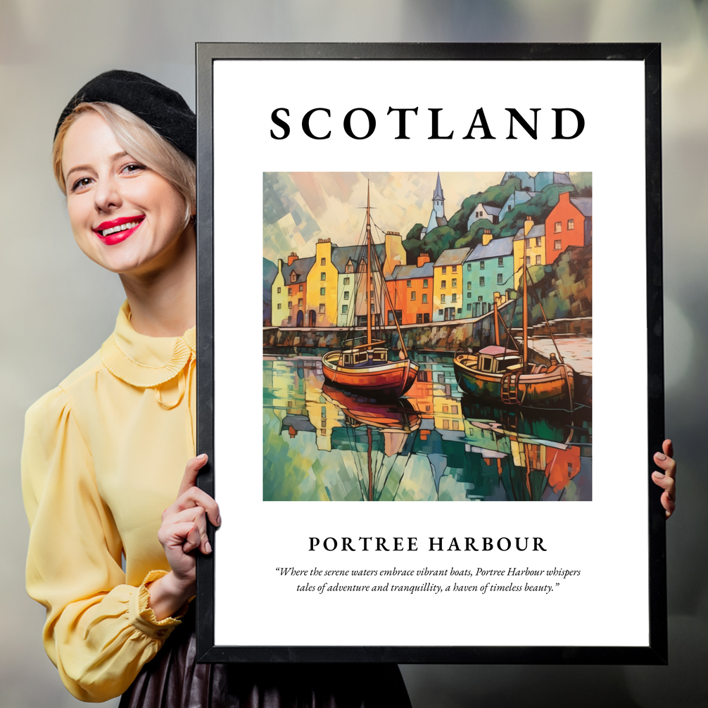 Person holding a poster of Portree Harbour