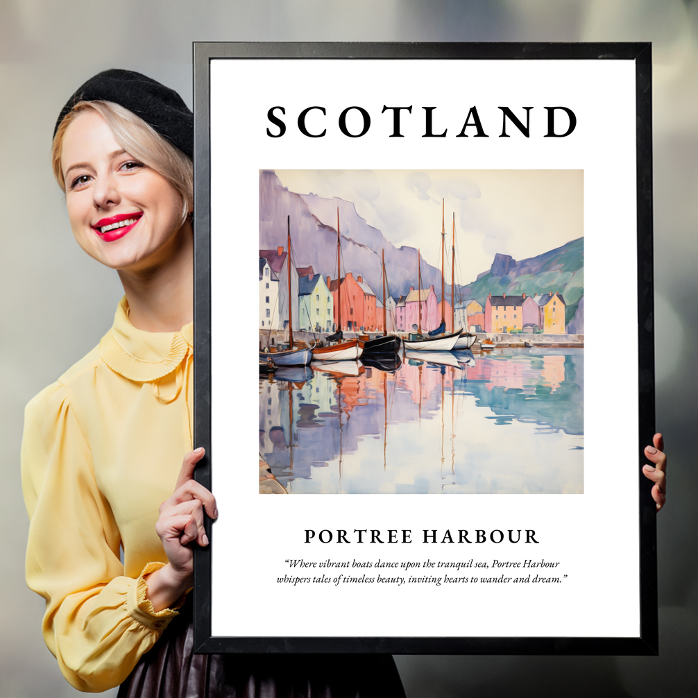 Person holding a poster of Portree Harbour