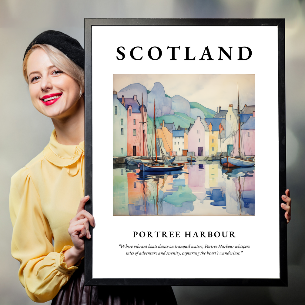 Person holding a poster of Portree Harbour