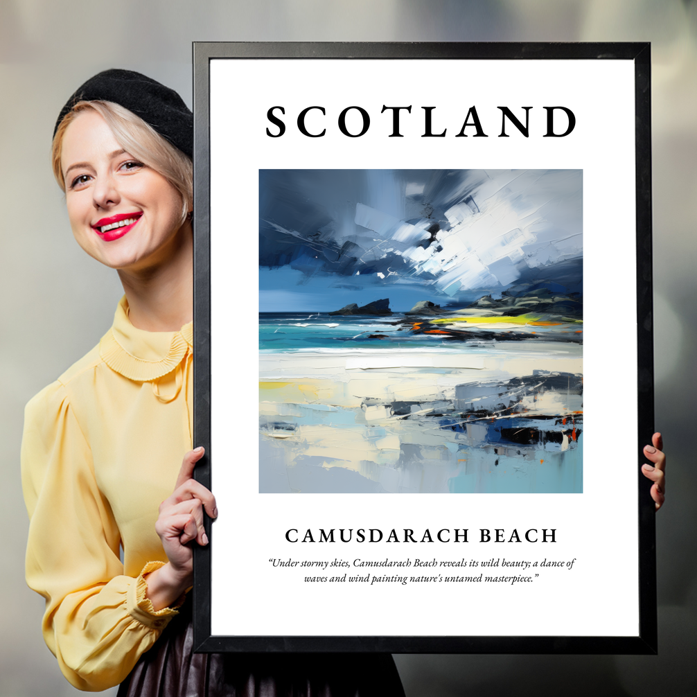 Person holding a poster of Camusdarach Beach