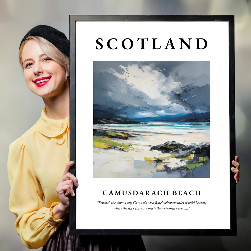 Person holding a poster of Camusdarach Beach