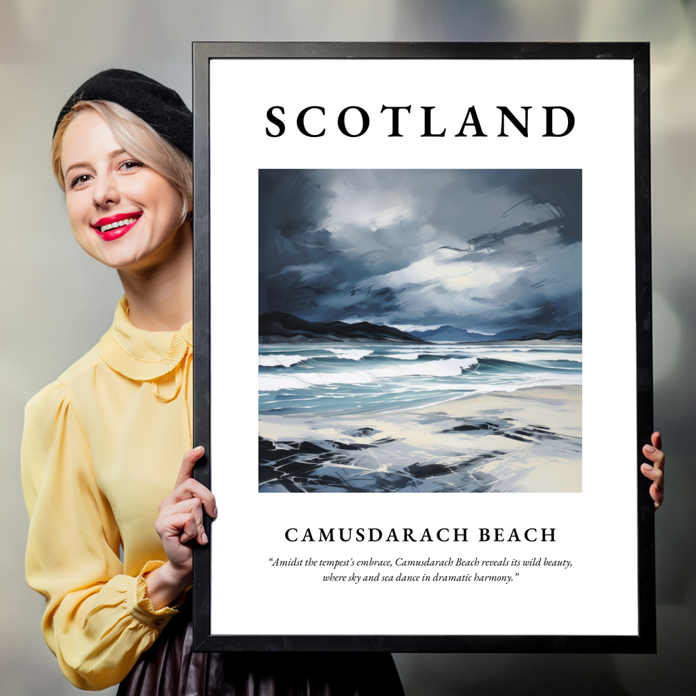 Person holding a poster of Camusdarach Beach