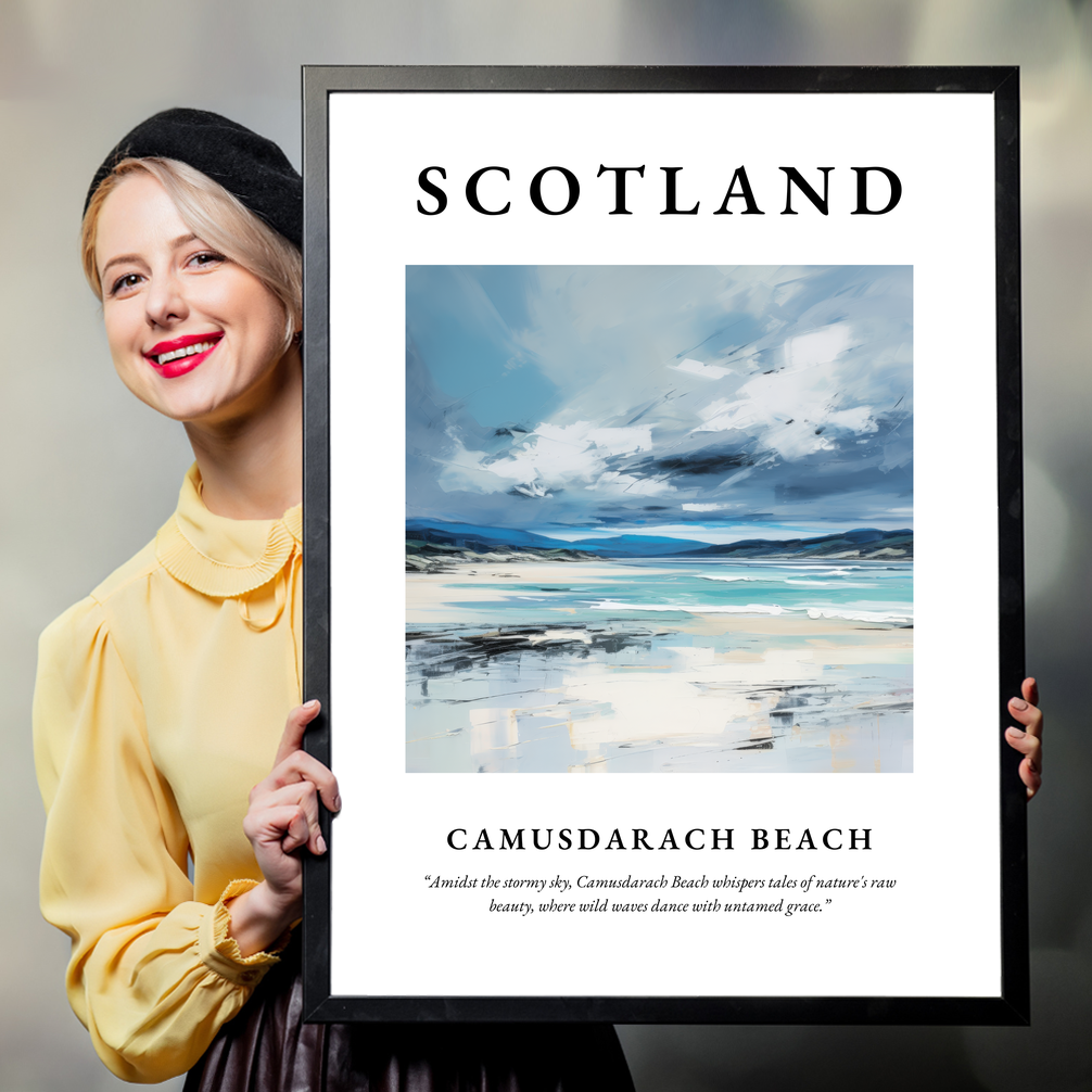 Person holding a poster of Camusdarach Beach