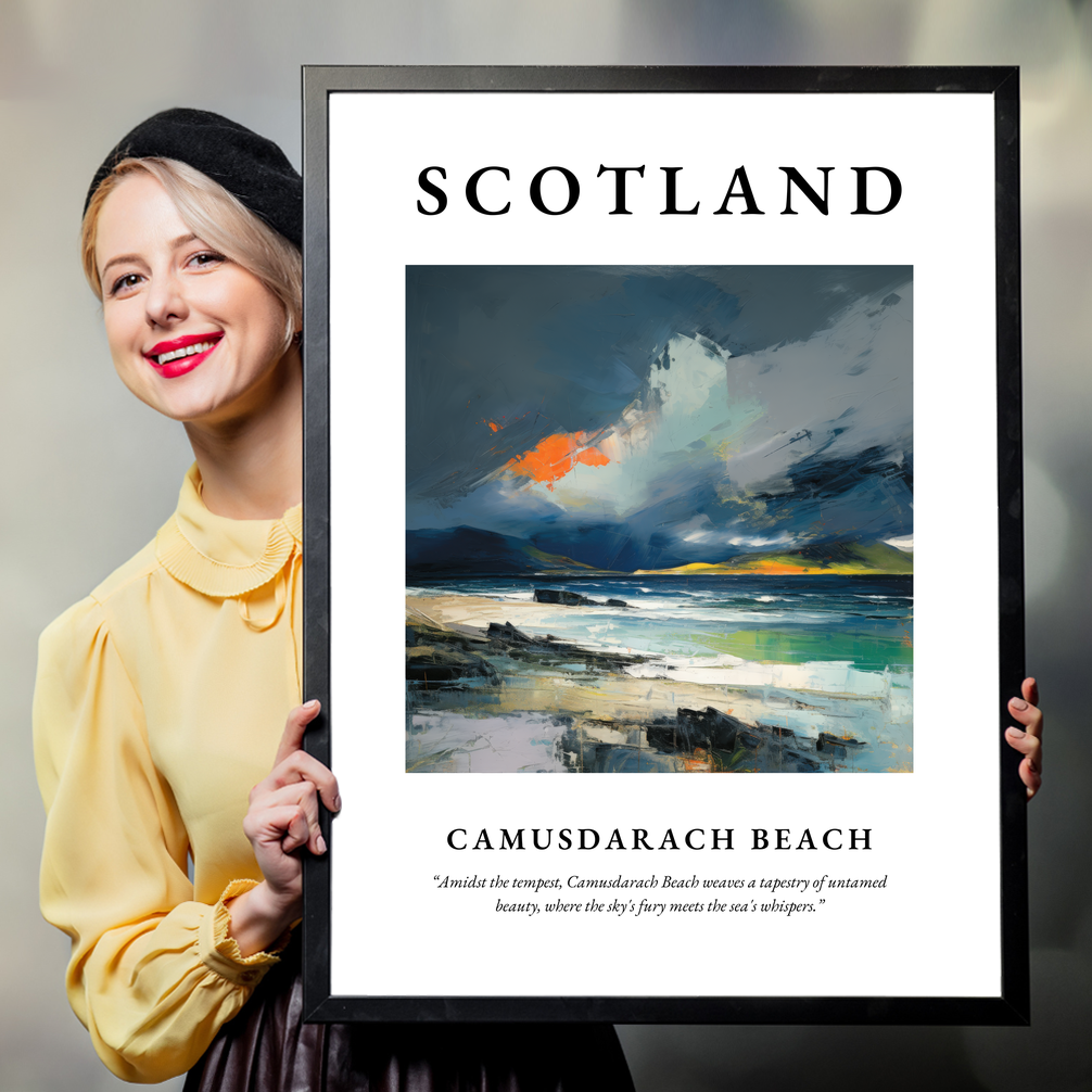 Person holding a poster of Camusdarach Beach