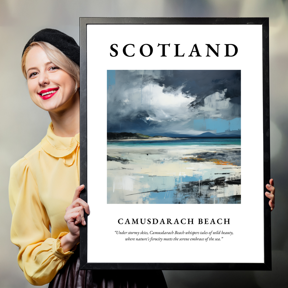 Person holding a poster of Camusdarach Beach