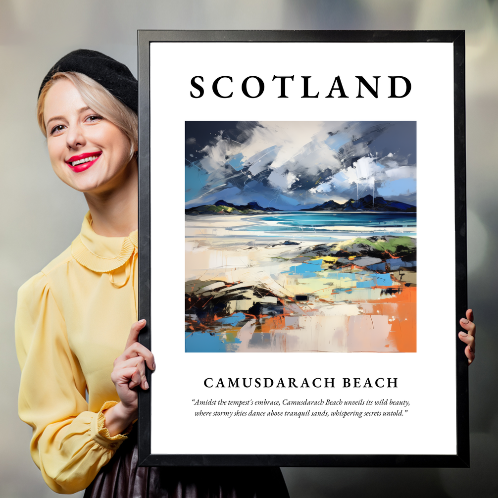 Person holding a poster of Camusdarach Beach